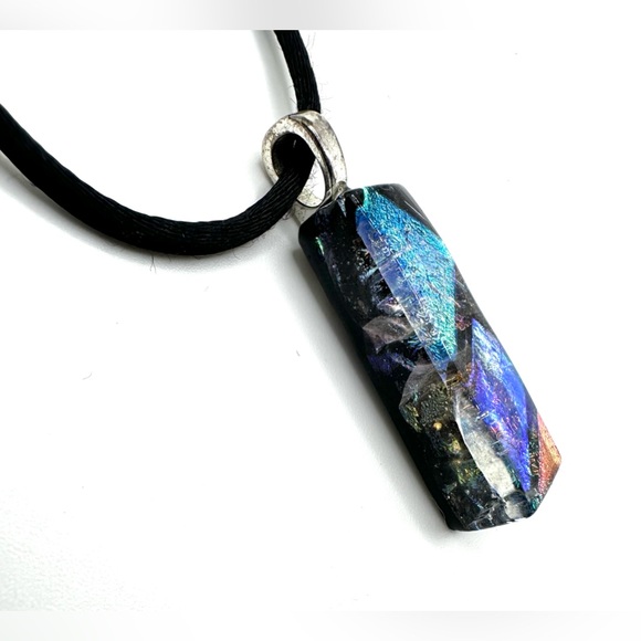 Dichroic Blue Art Glass Pendant Necklace 21” Black Cord & Extender-Handcrafted - Picture 3 of 11